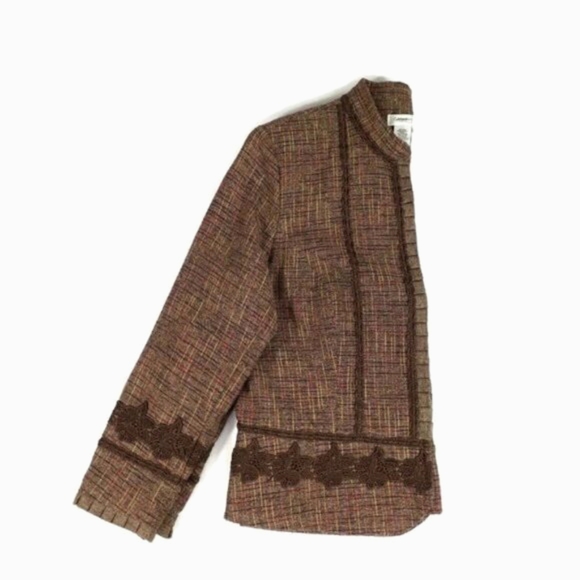 Coldwater Creek Brown Plaid Tweed Hook Front Long Sleeve Peplum Jacket PXL - Picture 6 of 16